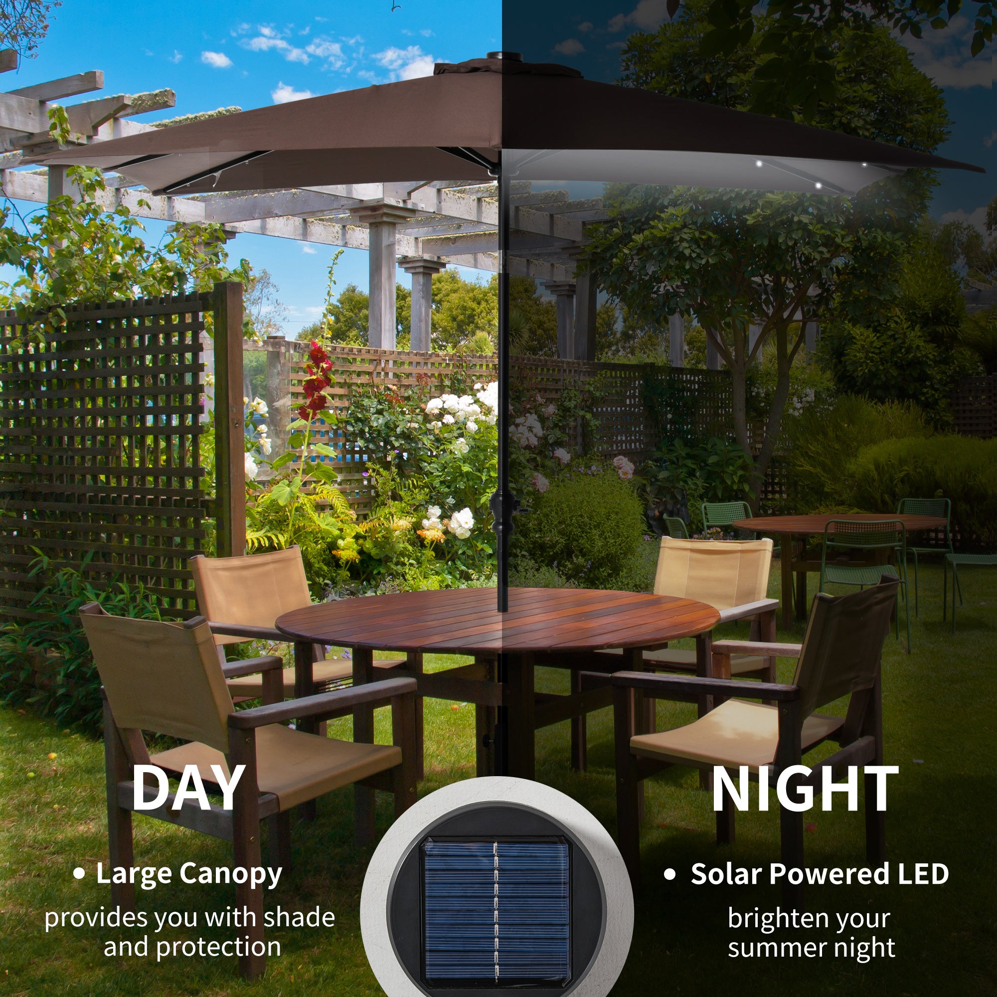 7.5 solar patio umbrella Outsunny 9' x 7' Patio Umbrella Outdoor Table Market Umbrella with Crank, Solar LED Lights, 45° Tilt, Push-Button Operation, for Deck, Pool, Brown