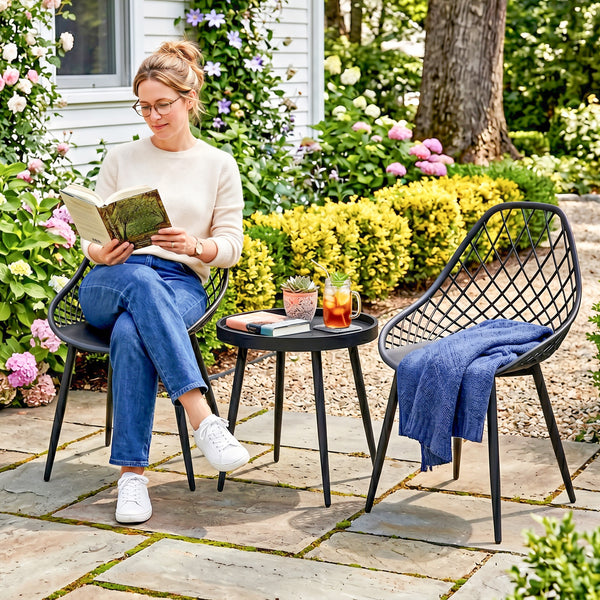 3-Piece Outdoor Bistro Set with 2 Chairs and Round Table, Weather-Resistant Metal Frame, Modern Patio Furniture for Garden, Balcony, Porch, Black