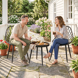 3-Piece Outdoor Bistro Set with 2 Chairs and Round Table, Weather-Resistant Metal Frame, Modern Patio Furniture for Garden, Balcony, Porch, Black