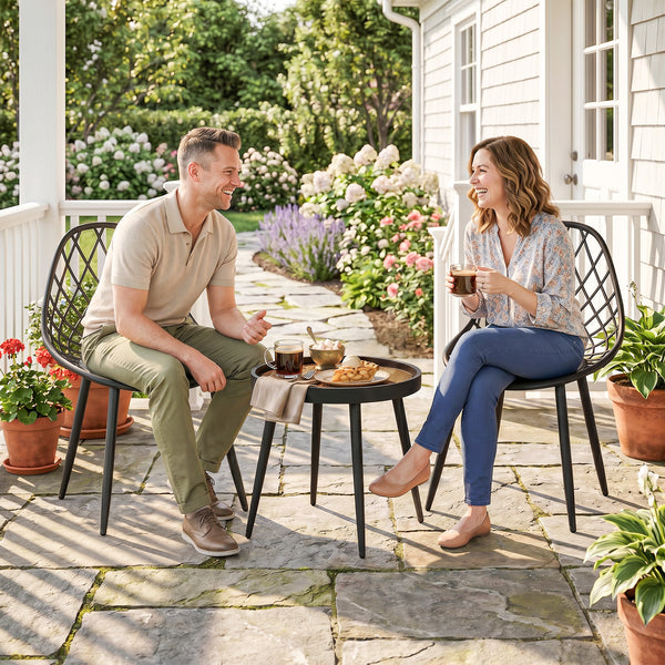 3-Piece Outdoor Bistro Set with 2 Chairs and Round Table, Weather-Resistant Metal Frame, Modern Patio Furniture for Garden, Balcony, Porch, Black