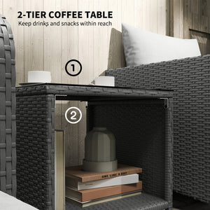 5 Piece Rattan Garden Furniture Set, Wicker Patio Conversation Set with 2 Chairs, 2-Tier Coffee Table, 2 Ottomans and Thick Cushions for Outdoor, Balcony, Bistro, Porch, Cream White