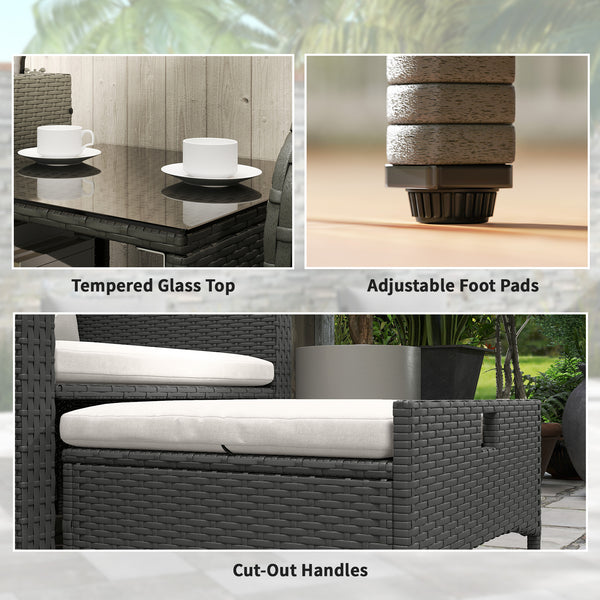 5 Piece Rattan Garden Furniture Set, Wicker Patio Conversation Set with 2 Chairs, 2-Tier Coffee Table, 2 Ottomans and Thick Cushions for Outdoor, Balcony, Bistro, Porch, Cream White