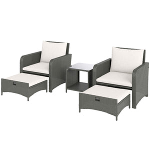 5 Piece Rattan Garden Furniture Set, Wicker Patio Conversation Set with 2 Chairs, 2-Tier Coffee Table, 2 Ottomans and Thick Cushions for Outdoor, Balcony, Bistro, Porch, Cream White