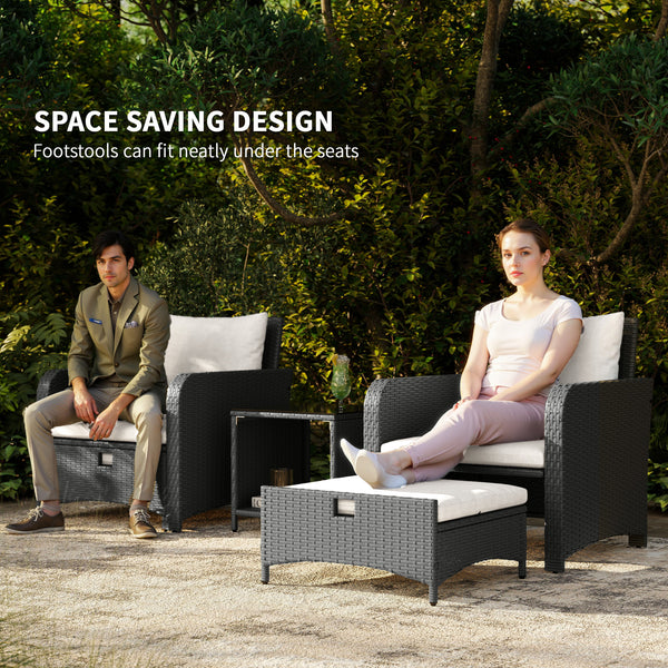 5 Piece Rattan Garden Furniture Set, Wicker Patio Conversation Set with 2 Chairs, 2-Tier Coffee Table, 2 Ottomans and Thick Cushions for Outdoor, Balcony, Bistro, Porch, Cream White