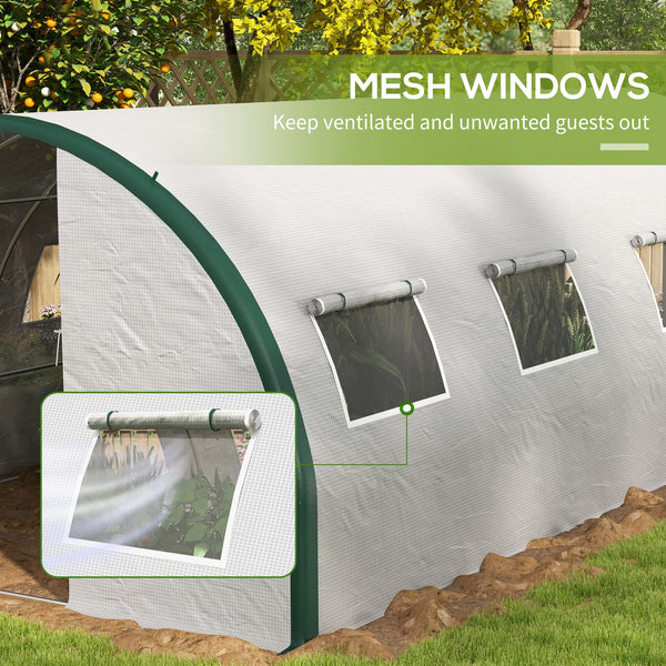 Outsunny 20' x 10' x 6.6' Walk-in Tunnel Greenhouse with Upgraded Structure, Outdoor Green House with 2 Hinged Doors, 8 Mesh Windows, Gardening Plant Warm House Tent, White