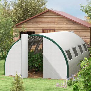 Outsunny 20' x 10' x 6.6' Walk-in Tunnel Greenhouse with Upgraded Structure, Outdoor Green House with 2 Hinged Doors, 8 Mesh Windows, Gardening Plant Warm House Tent, White