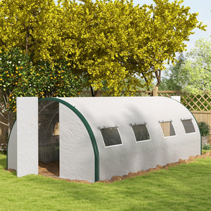 Outsunny 20' x 10' x 6.6' Walk-in Tunnel Greenhouse with Upgraded Structure, Outdoor Green House with 2 Hinged Doors, 8 Mesh Windows, Gardening Plant Warm House Tent, White