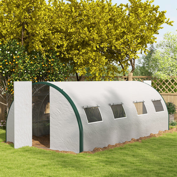 Outsunny 20' x 10' x 6.6' Walk-in Tunnel Greenhouse with Upgraded Structure, Outdoor Green House with 2 Hinged Doors, 8 Mesh Windows, Gardening Plant Warm House Tent, White