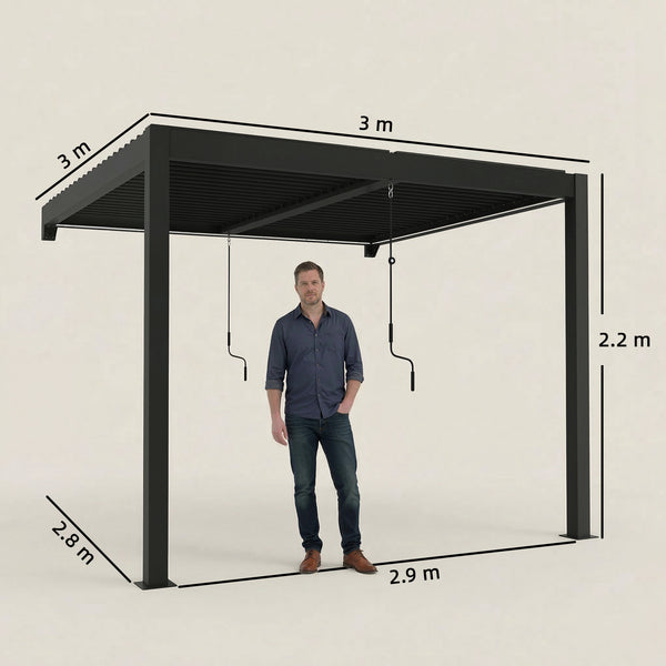 3 x 3 m Louvered Pergola with LED Lights, Adjustable Metal Louvred Roof, Wall Mounted Patio Gazebo Pergola Canopy with Aluminium Frame, Drainage Gutters for Garden Outdoor, Dark Grey