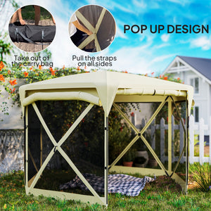 Pop Up Gazebo Screen Tent House, 11 x 11ft with UPF30+ Removable Roof Cover, 4 Roll-up Wind Panels and Carry Bag for Camping, Patio, Backyard, Lawn, Beige
