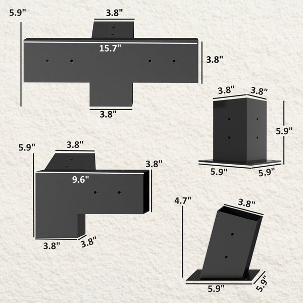 Pergola Kit, 15° Slanted Roof Pergola Bracket Kit with 4-Way/3-Way Corner Brackets, Post Bases, Wall Mounts for 4"x 4" (Actual 3.6" X 3.6") Lumber, 9 PCS DIY Hardware with Screws, Black
