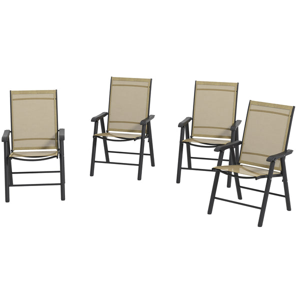 Outsunny Set of 4 Patio Folding Chairs, Stackable Outdoor Sling Patio Dining Chairs with Armrests for Lawn, Camping, Dining, Beach, Metal Frame, No Assembly, Light Mixed Brown