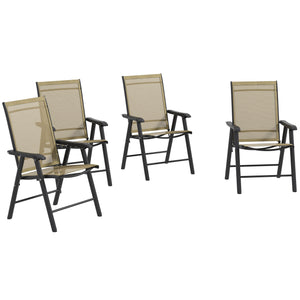 Outsunny Set of 4 Patio Folding Chairs, Stackable Outdoor Sling Patio Dining Chairs with Armrests for Lawn, Camping, Dining, Beach, Metal Frame, No Assembly, Light Mixed Brown