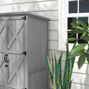 Outsunny Wooden Garden Shed, Outdoor Storage Cabinet with Waterproof Asphalt Roof, Narrow Tool Shed with Shelves and Lockable Doors, Gray