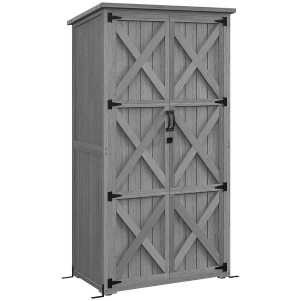 Outsunny Wooden Garden Shed, Outdoor Storage Cabinet with Waterproof Asphalt Roof, Narrow Tool Shed with Shelves and Lockable Doors, Gray