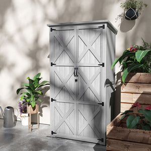 Outsunny Wooden Garden Shed, Outdoor Storage Cabinet with Waterproof Asphalt Roof, Narrow Tool Shed with Shelves and Lockable Doors, Gray