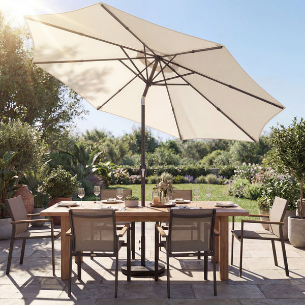 2.7 m Garden Parasol Umbrella with Cross Base and Sandbag, Retractable Ribs, Outdoor Table Market Patio Umbrella Sun Shade with 30 Degree Tilt and Crank, Vent, Cream White