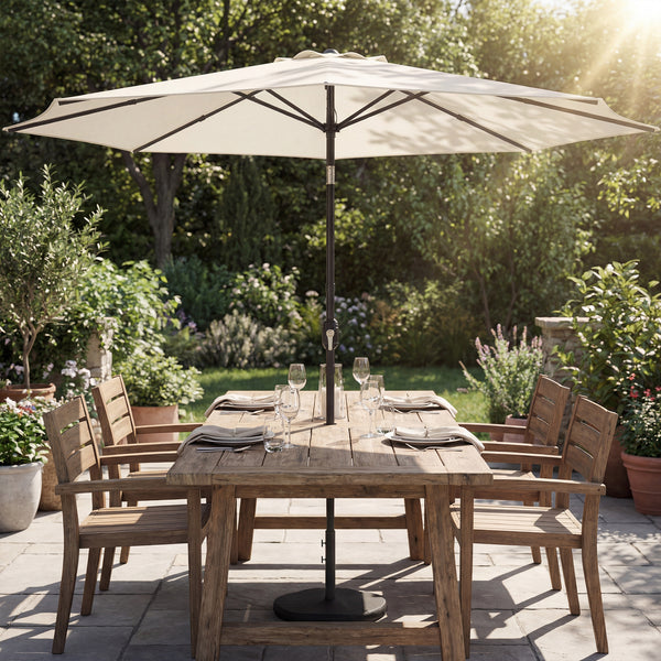 2.7 m Garden Parasol Umbrella with Cross Base and Sandbag, Retractable Ribs, Outdoor Table Market Patio Umbrella Sun Shade with 30 Degree Tilt and Crank, Vent, Cream White