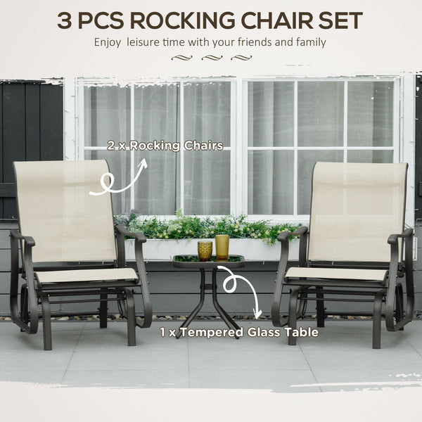 Outsunny 3-Piece Outdoor Gliders Set Bistro Set with Steel Frame, Tempered Glass Top Table for Patio, Garden, Backyard, Lawn, Beige