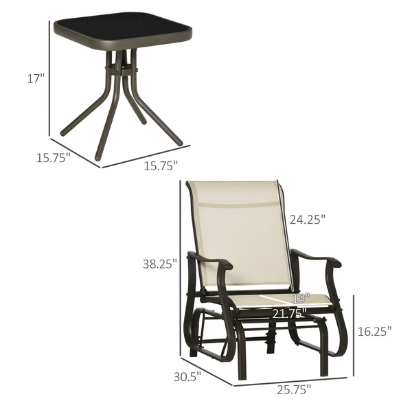 Outsunny 3-Piece Outdoor Gliders Set Bistro Set with Steel Frame, Tempered Glass Top Table for Patio, Garden, Backyard, Lawn, Beige