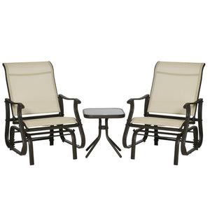 Outsunny 3-Piece Outdoor Gliders Set Bistro Set with Steel Frame, Tempered Glass Top Table for Patio, Garden, Backyard, Lawn, Beige