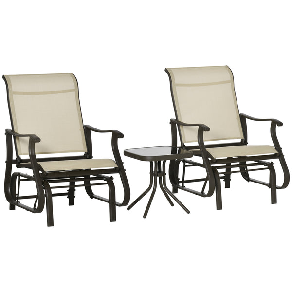 Outsunny 3-Piece Outdoor Gliders Set Bistro Set with Steel Frame, Tempered Glass Top Table for Patio, Garden, Backyard, Lawn, Beige