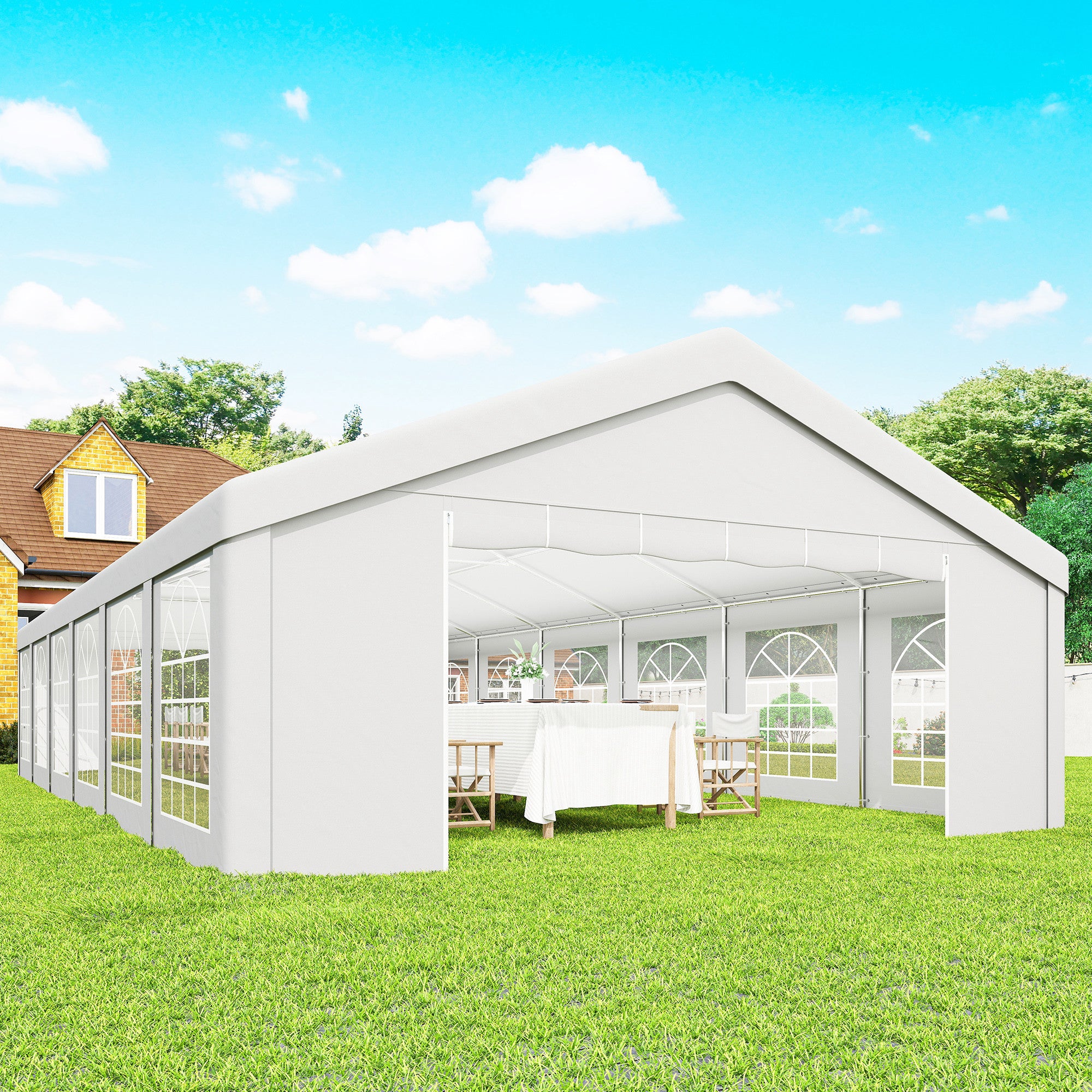 Tente de réception et abri voiture Outsunny 6 x 12 m (20 x 40 pi), structure galvanisée, avec 12 parois latérales amovibles avec fenêtres, idéale pour les fêtes, mariages, événements et barbecues. Couleur : blanc