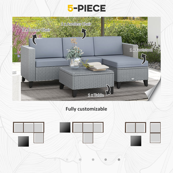 5 Pieces PE Rattan Garden Furniture Set, 4 Seater Garden Corner Sofa Set with Glass Coffee Table, Wicker Outdoor Furniture Set with Cushions for Patio Deck, Grey