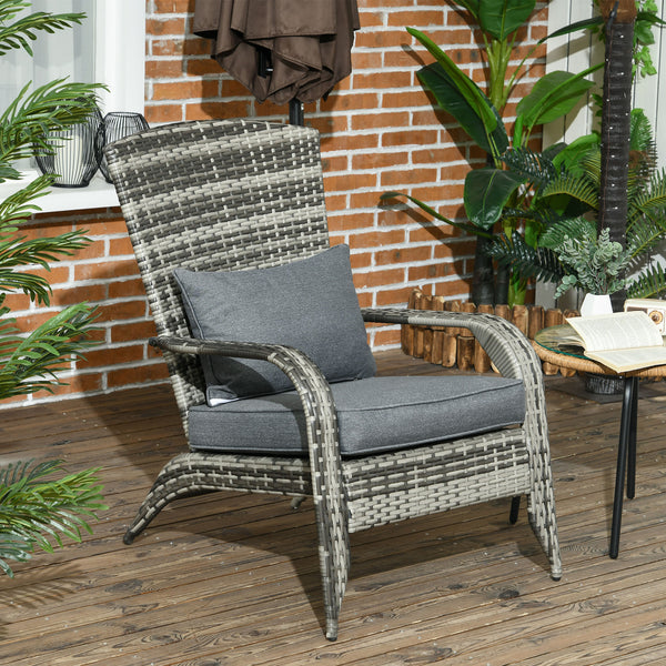 Patio Wicker Adirondack Chair, Outdoor PE Rattan Fire Pit Chair, Muskoka Chair w/ Soft Cushions, Tall Curved Backrest and Comfortable Armrests for Deck Garden, Grey
