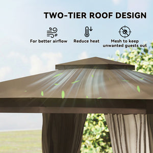 10' x 10' Outdoor Patio Gazebo, Soft Top Gazebo Canopy Shelter with Double Roof, Curtains, Netting, Steel Frame, UPF30+ Protection, Ceiling Hook for Lawn, Backyard, Deck, Khaki
