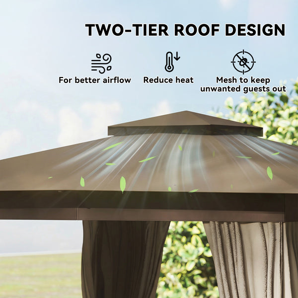 10' x 10' Outdoor Patio Gazebo, Soft Top Gazebo Canopy Shelter with Double Roof, Curtains, Netting, Steel Frame, UPF30+ Protection, Ceiling Hook for Lawn, Backyard, Deck, Khaki