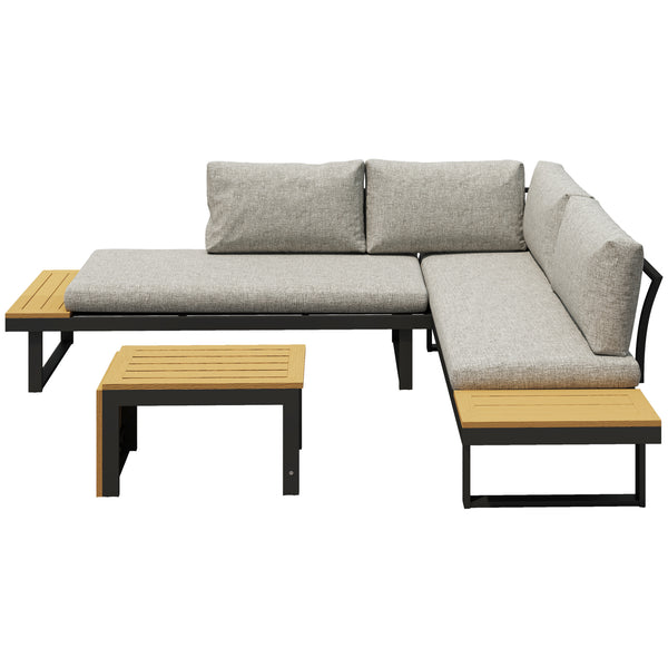 3 Pieces Sectional Patio Furniture Set with 2 Loveseats, WPC Coffee Table, L Shaped Aluminum Outdoor Furniture Sofa Set with Removable Backs, Thick Cushions, Light Grey