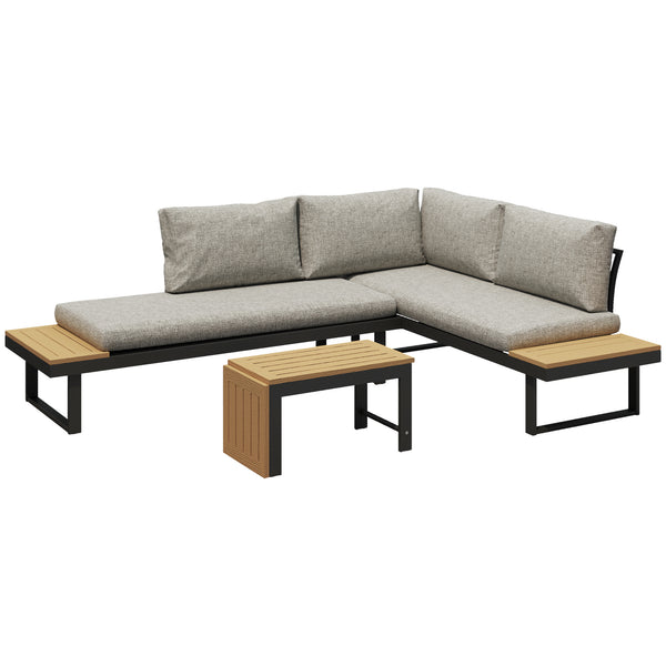 3 Pieces Sectional Patio Furniture Set with 2 Loveseats, WPC Coffee Table, L Shaped Aluminum Outdoor Furniture Sofa Set with Removable Backs, Thick Cushions, Light Grey
