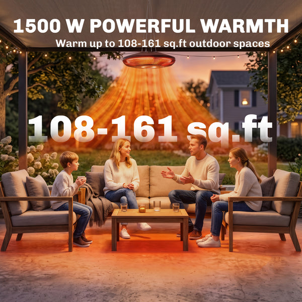 Electric Hanging Patio Heater with LED Light, 750/1500 W IP65 Waterproof Ceiling Mounted Infrared Outdoor Heater with Carbon Fiber Tubes, Touch/Remote Control, 24-Hour Timer for Gazebo, Black