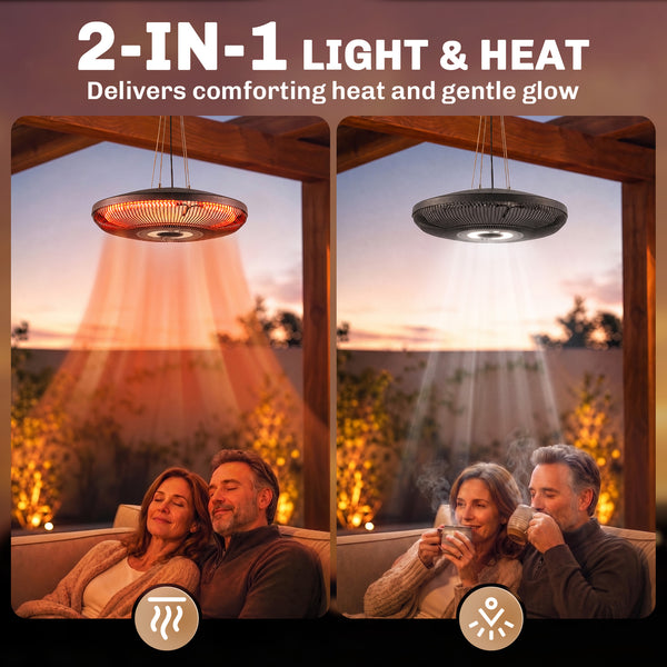 Electric Hanging Patio Heater with LED Light, 750/1500 W IP65 Waterproof Ceiling Mounted Infrared Outdoor Heater with Carbon Fiber Tubes, Touch/Remote Control, 24-Hour Timer for Gazebo, Black