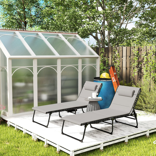 Folding Sun Loungers Set of 2, Recliner Garden Chairs with Quick Drying Pad Headrest Side Pocket, Garden Sun Loungers for Beach Pool, Light Grey