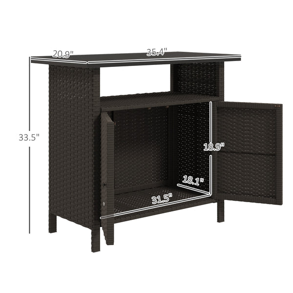 Outsunny Wicker Outdoor Storage Cabinet, Rattan Outdoor Bar Table with Two Doors and Shelf, Outdoor Buffet Cabinet Sideboard with Metal Slatted Countertop for Garden, Patio, Backyard, Dark Coffee