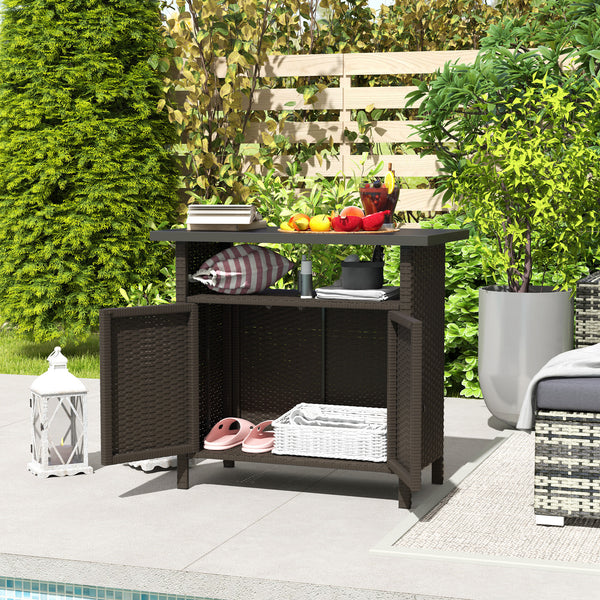 Outsunny Wicker Outdoor Storage Cabinet, Rattan Outdoor Bar Table with Two Doors and Shelf, Outdoor Buffet Cabinet Sideboard with Metal Slatted Countertop for Garden, Patio, Backyard, Dark Coffee