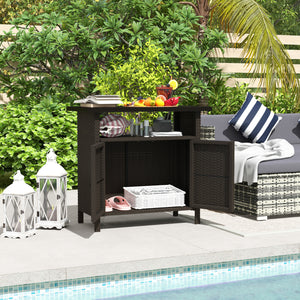 Outsunny Wicker Outdoor Storage Cabinet, Rattan Outdoor Bar Table with Two Doors and Shelf, Outdoor Buffet Cabinet Sideboard with Metal Slatted Countertop for Garden, Patio, Backyard, Dark Coffee