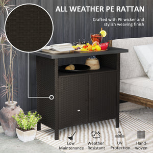 Outsunny Wicker Outdoor Storage Cabinet, Rattan Outdoor Bar Table with Two Doors and Shelf, Outdoor Buffet Cabinet Sideboard with Metal Slatted Countertop for Garden, Patio, Backyard, Dark Coffee