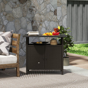 Outsunny Wicker Outdoor Storage Cabinet, Rattan Outdoor Bar Table with Two Doors and Shelf, Outdoor Buffet Cabinet Sideboard with Metal Slatted Countertop for Garden, Patio, Backyard, Dark Coffee