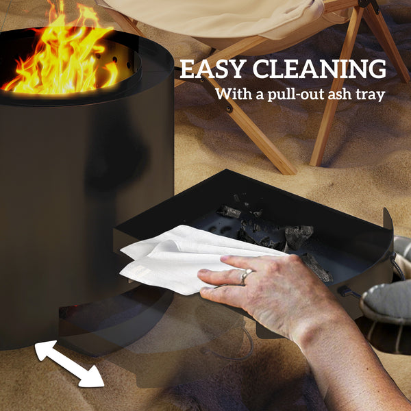 Outdoor Round Smokeless Fire Pit with Ash Tray, Wood Burning Firepit with Fire Poker for Patio Bonfire BBQ Camping, Black