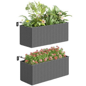 2 Pack Railing Planter Box, 20 Inch Hanging Flower Pots with Hooks and Drainage Hole, Rectangular Planters for Fence, Balcony, Garden, Patio, Rattan Look, Grey