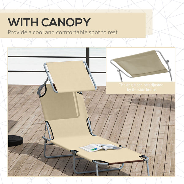 Outdoor Lounge Chair, Adjustable Folding Chaise Lounge, Tanning Chair with Sun Shade for Beach, Camping, Hiking, Backyard, Beige
