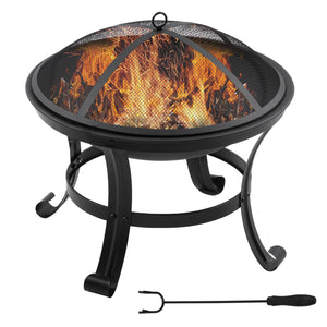 21.7" x 21.7" x 19.7" Outdoor Fire Pit with Mesh Lid, Wood Burner, Log Burning Bowl with Poker for Patio, Backyard, Black