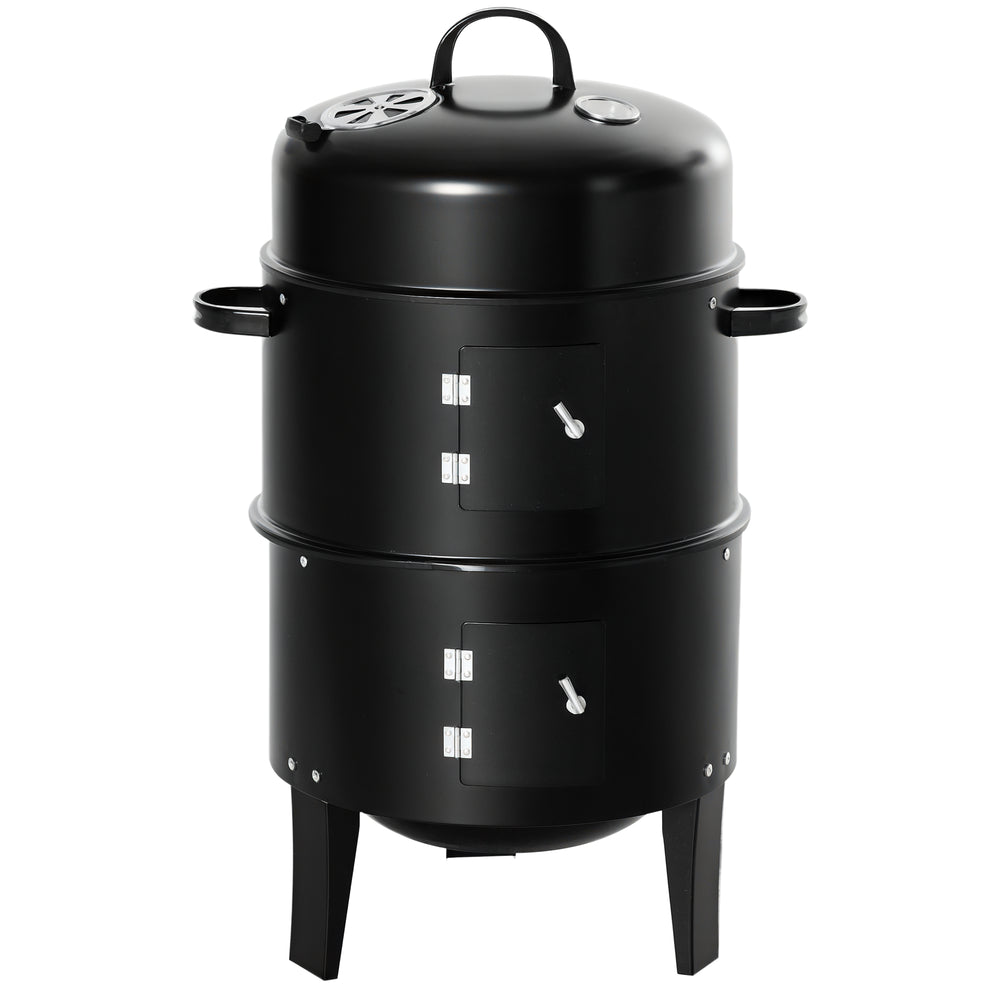 Vertical Charcoal BBQ Smoker, 3-in-1 16" Round Charcoal Barbecue Grill with 2 Cooking Area, and Thermometer for Outdoor Camping Picnic Backyard Cooking, Black