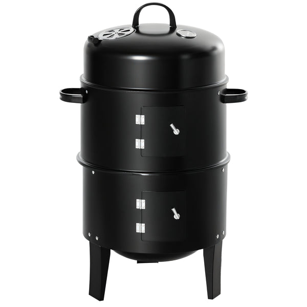 Vertical Charcoal BBQ Smoker, 3-in-1 16" Round Charcoal Barbecue Grill with 2 Cooking Area, and Thermometer for Outdoor Camping Picnic Backyard Cooking, Black