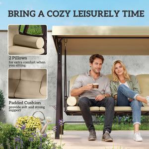 3 Seater Canopy Swing Chair, Outdoor Garden Swing Seat with Adjustable Canopy, Cushions and Cup Trays, Steel Frame, Brown