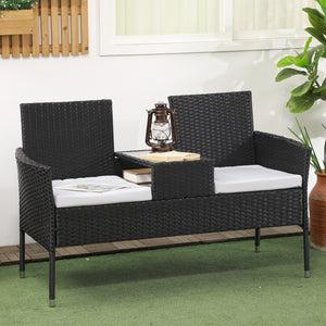 2-Seat Patio Furniture with Tea Table, Outdoor PE Rattan Wicker Loveseat with Padded Cushions and Tempered Glass Top for Garden, Porch, Poolside, Light Grey