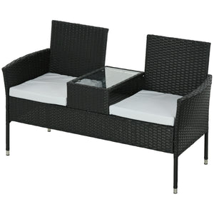 2-Seat Patio Furniture with Tea Table, Outdoor PE Rattan Wicker Loveseat with Padded Cushions and Tempered Glass Top for Garden, Porch, Poolside, Light Grey